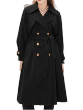 Aurohaya Elegant Double Breasted Wool Coat with Belt, Pockets Long Sleeves for Women Oversized, Casual, Fashionable Winter Outerwear